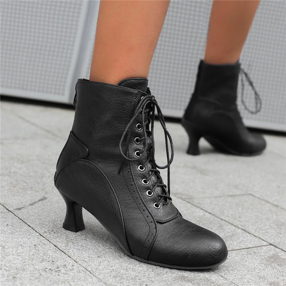 New Lace Up Ladies High Heel Shoes Strange Steampunk Boot Victorian Ankle Boots Women Pointed Toe Thick Soled Short Boots