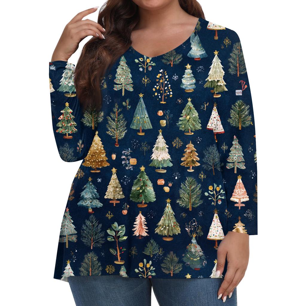 Women's Fashionable Casual Long Sleeved Plus Size  Print Top Plus Size Floral Print Top