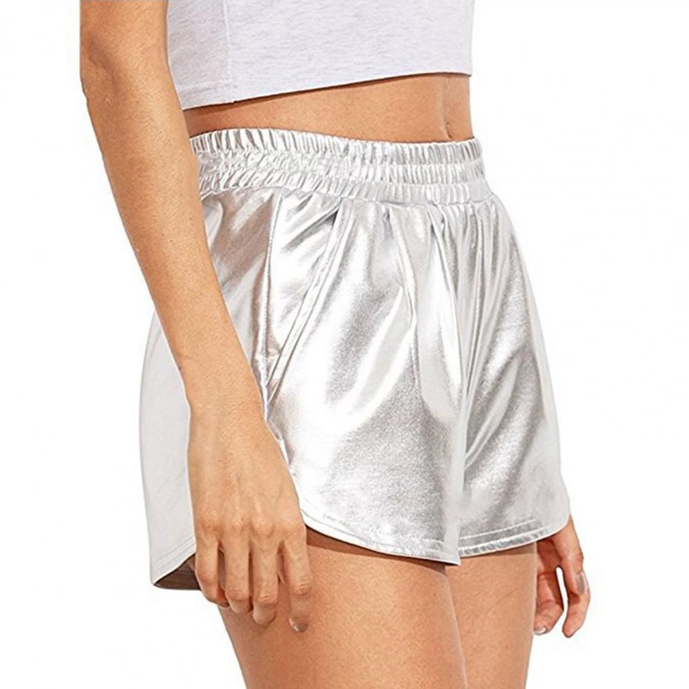 Women Casual Shorts Elastic High Waist Glossy Surface Solid Color Faux Leather Shorts with Pockets Streetwear