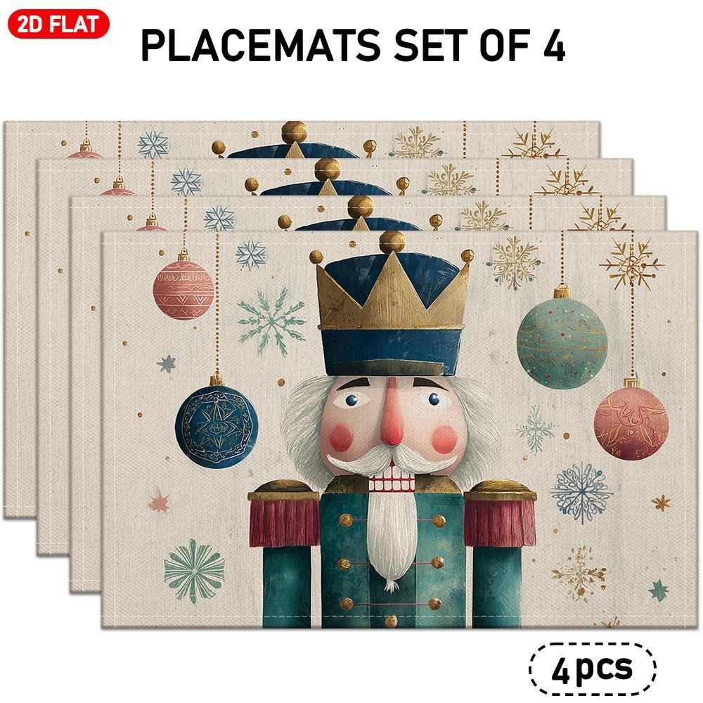 of 4/6 Christmas-Themed Placemats Featuring Nutcracker Soldiers And Colorful Christmas Balls with Snowflake Patterns, Suitable for Holiday Table Decor