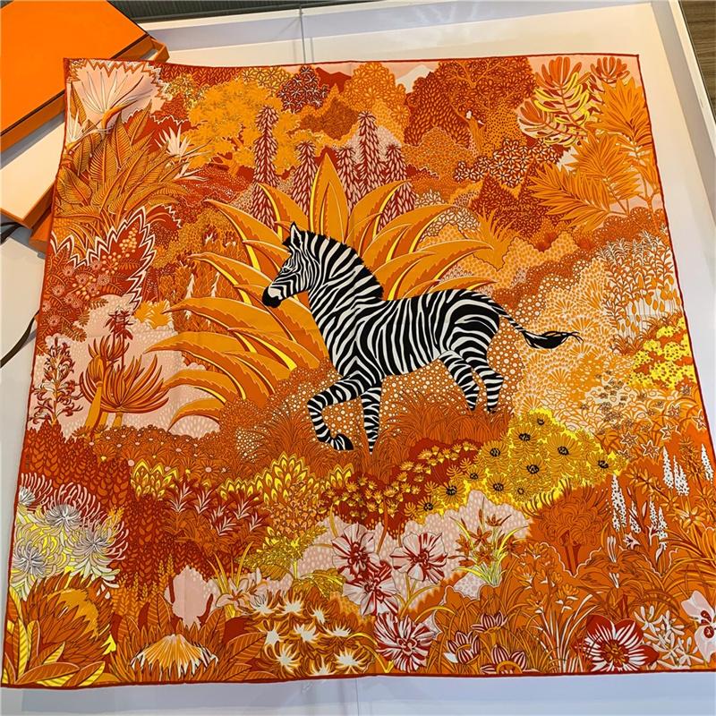 Zebra Foulards Twill Silk Square Scarf Women Shawl  Hijab Scarf Design Bandana Manual Hand Rolled Hem Head Scarves 90Cm