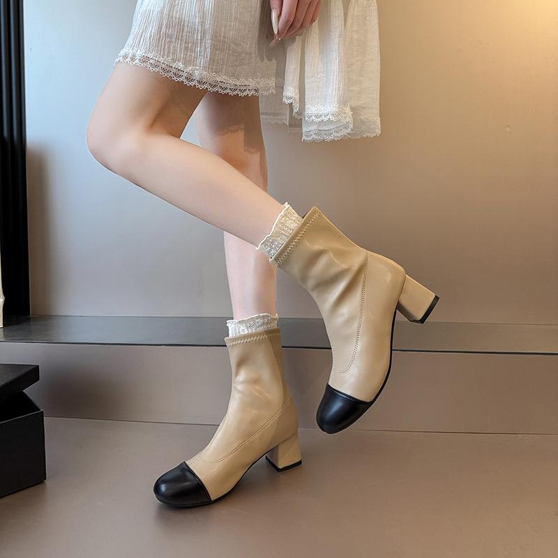 Fashion Spliced Square Heel Booties Women's New Back Zip Skinny Boots Autumn Winter Fashion Boots