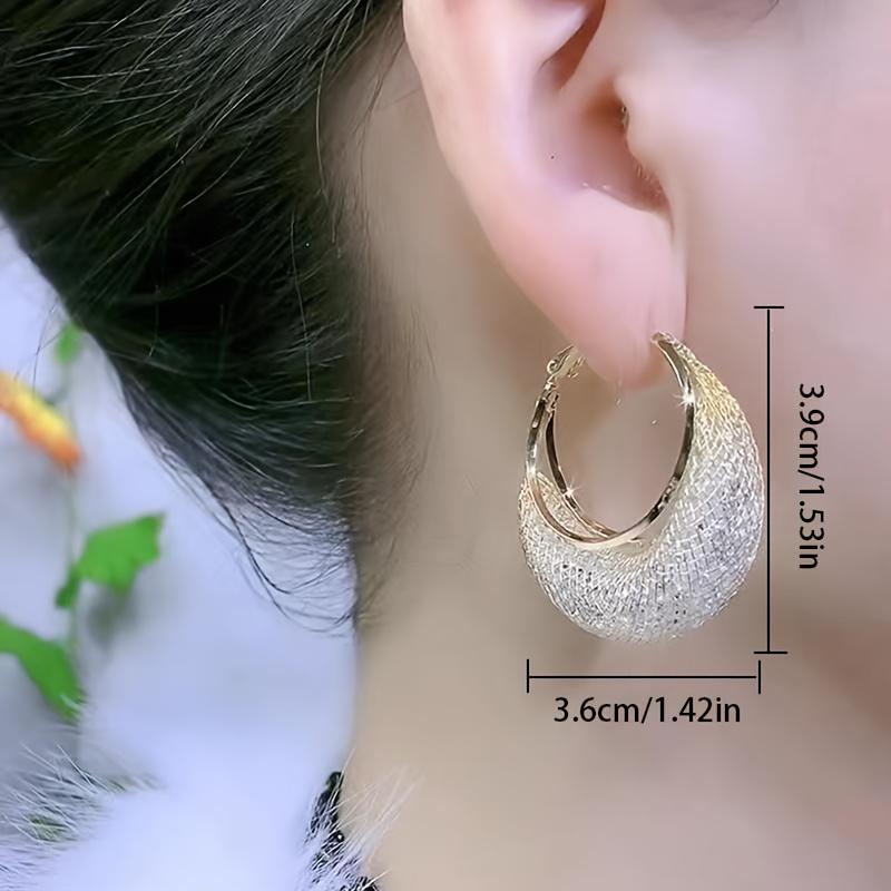 Pendientes de aro con diseño de malla brillante exagerada, joyería de hierro con incrustaciones de diamantes de imitación, estilo elegante y informal para mujer, pendientes de fiesta