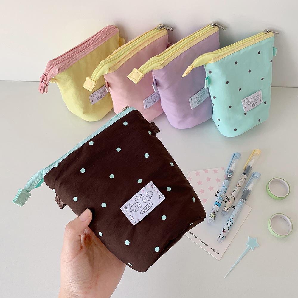 Korean Girl Round Dot Stationery Bag Pencil Case Desktop Pen Holder Zipper Coin Purse Coin Pouch Kids Cute Purse Makeup Bag