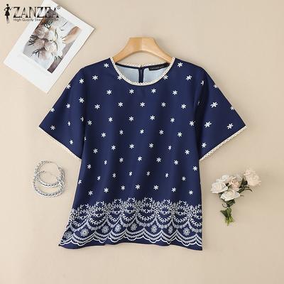 Women Casual Round Neck Summer Short Sleeve Print Blouse