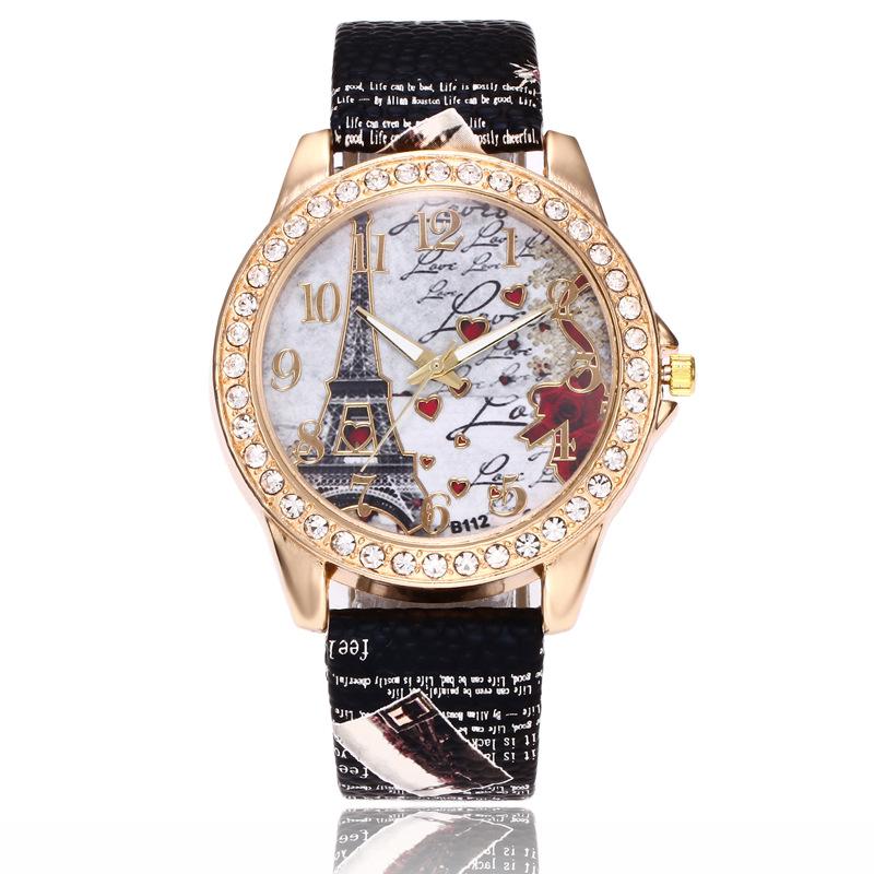 

Ladies Quartz Watch Romantic Eiffel Tower Design Women Leather Clock Gift Dress Wristwatch чорний