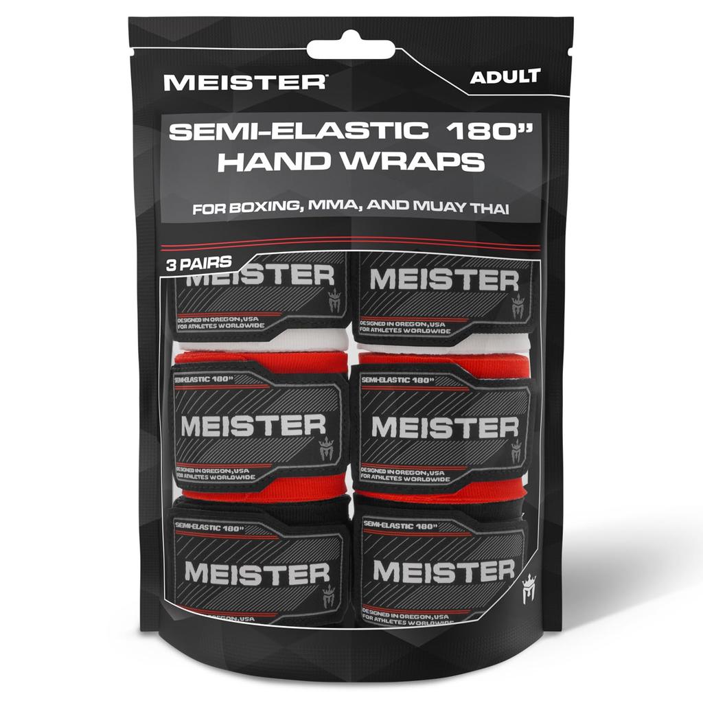 Meister Adult Hand Wraps for MMA Boxing 3 Pair Pack 180" (457cm) Semi-Elastic & -