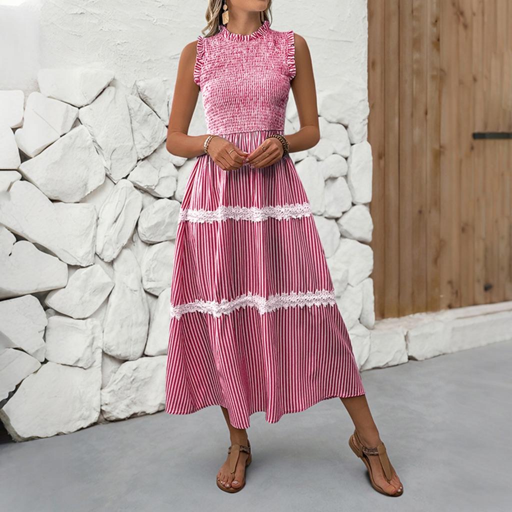 New Sweet Casual Lace Ruffled Trim Sleeveless Striped Summer Dress