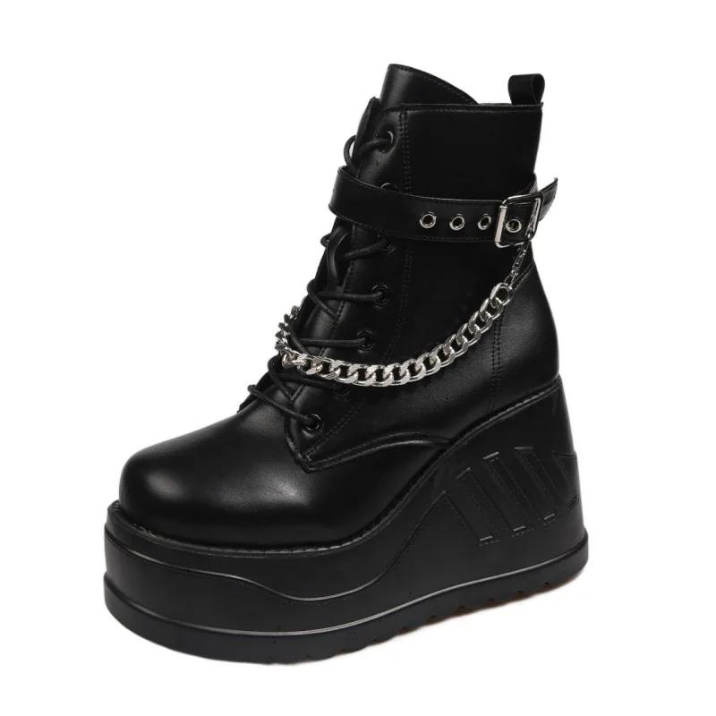Fashion Side Zip Women Platform Shoes Black Gothic Buckle Pu Leather Woman Creeper Punk Boots Female Black High Heel Ankle Short Boots