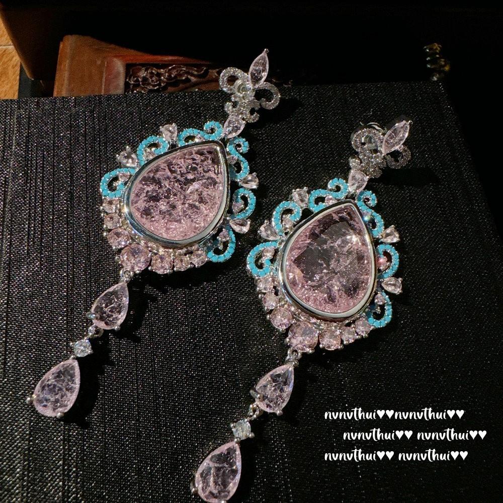 Papalacha Water Drop Gemstone Fringed Earrings, Rich Family Gold, 18K Gold Plated, Barbie Pink Flower Zircon Necklace.