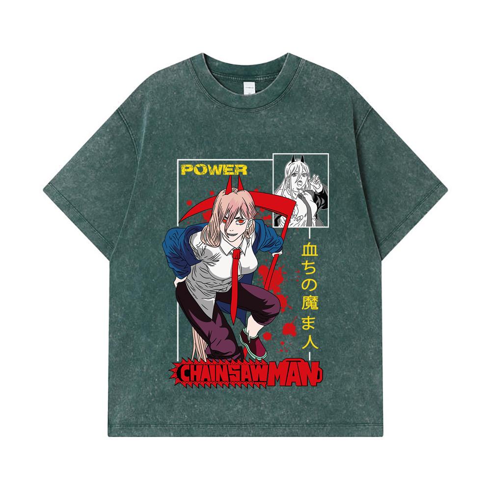 275 GSM Washed T-shirts 100% Cotton Chainsaw Man V40 Power Print Unisex Heavy Cotton T Shirt