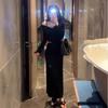 French black off-the-shoulder v-neck long-sleeved dress, autumn dress for women, small man with waist temperament, waist-exposed, bottom-up dress