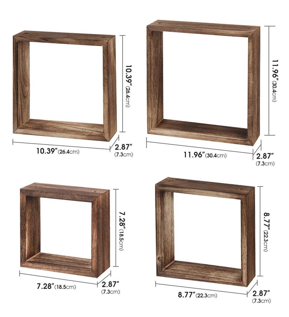 Rustic Wood Squre Shelves Wall Mounted Home Decorative Cube Display Shelf Shadow Boxes Set of 4 for Living Room Bedroom Office