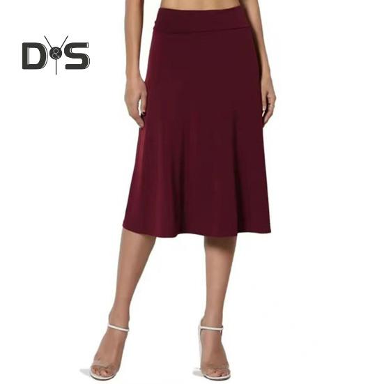 Women's Knee Length Skirt Summer Casual High Waisted Flared A-Line Skirt Stretchy Simple Foldover Midi Skirt