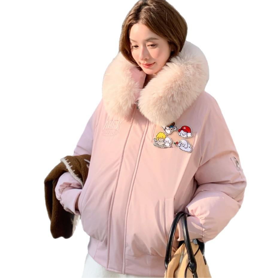 Winter cartoon patch cotton clothes women's hooded big fur collar short thin warm jacket