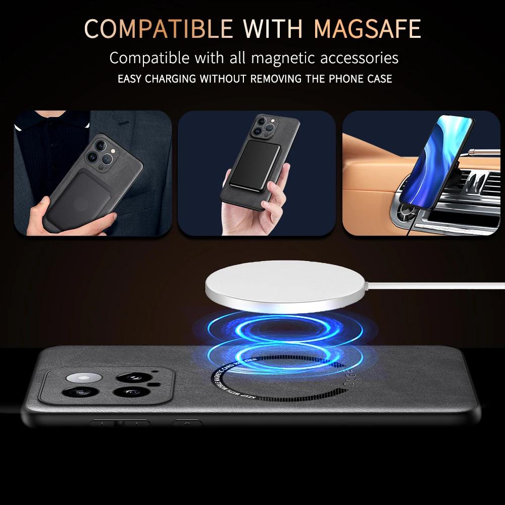 For Xiaomi 14 14 Pro Fine-Hole PU Cow Pattern Leather Outer Magnetic Ring Soft Edge Anti-Drop Phone Case