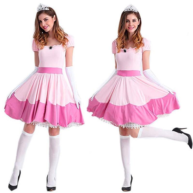 Elegant Super Mario Pink Princess Peach Costume Dress With Crown And Gloves Set