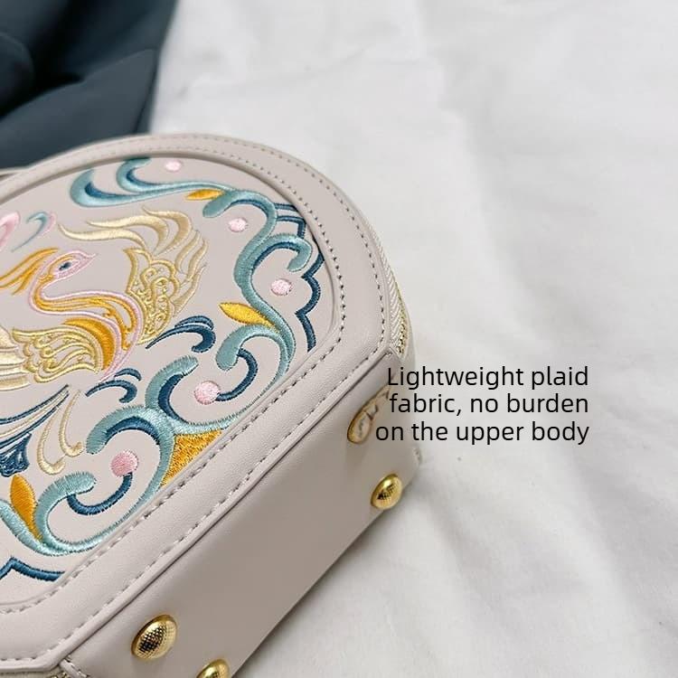 Vintage Embroidery Round Shoulder Bag, Zipper Handbag, Classic Trend Niche Satchel Bag