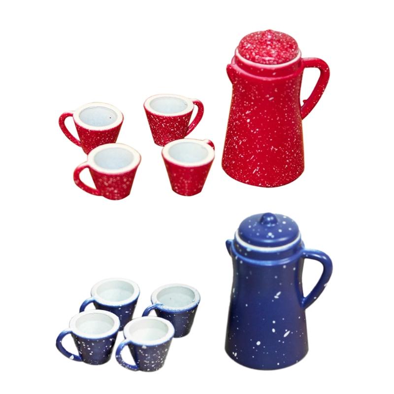 Dollhouse Scaled Mini Tea Pot & Cups Pretend for Play Kitchen Appliance Toy Doll House Accessories Toddler Interacti