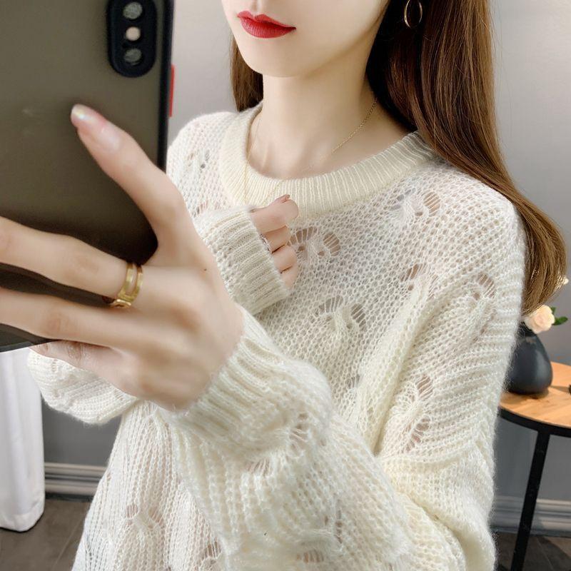 

Thin Knitted Sweater for Women Loose and Cutouted Long-sleeved Sweater and Stylish and Fashionable Pullover S белый