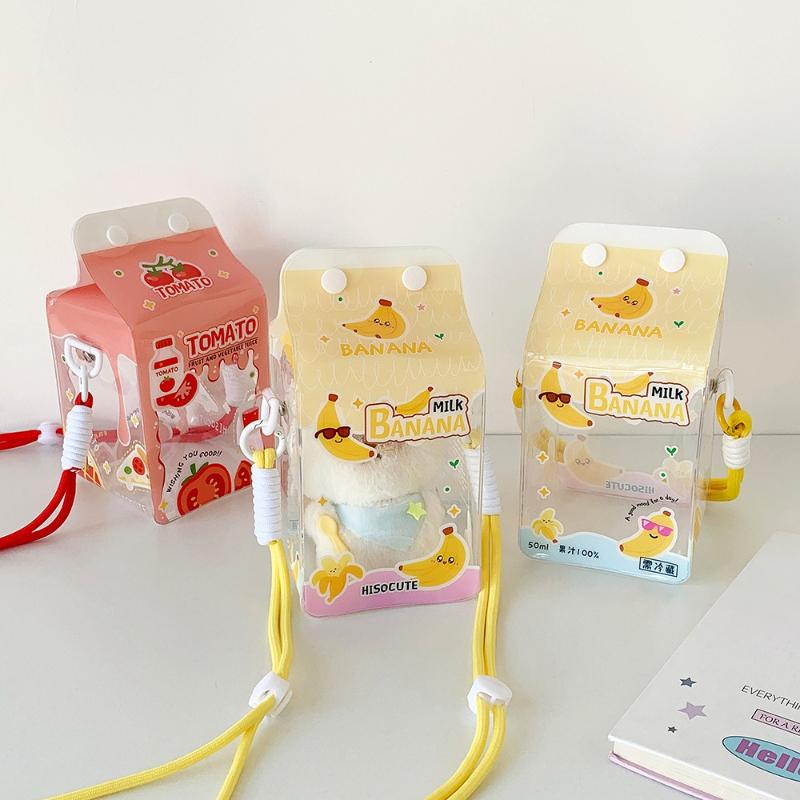 Cartoon Banana Milk PVC Storage Bags for 13cm Plush Doll Transparent Protective Case Cotton Doll Shoulder Pain Bag with Rope