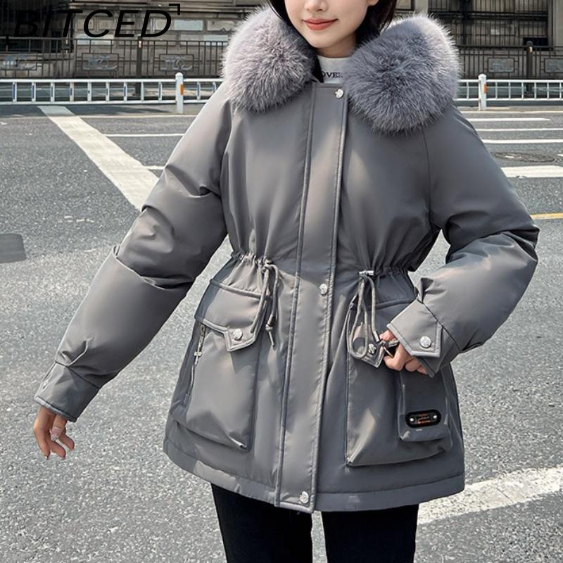 BITCED Winter Thickened Puffer Coat for Women with Waist-cinching, Slimming Fit, Hood and Large Fur Collar for Warmth