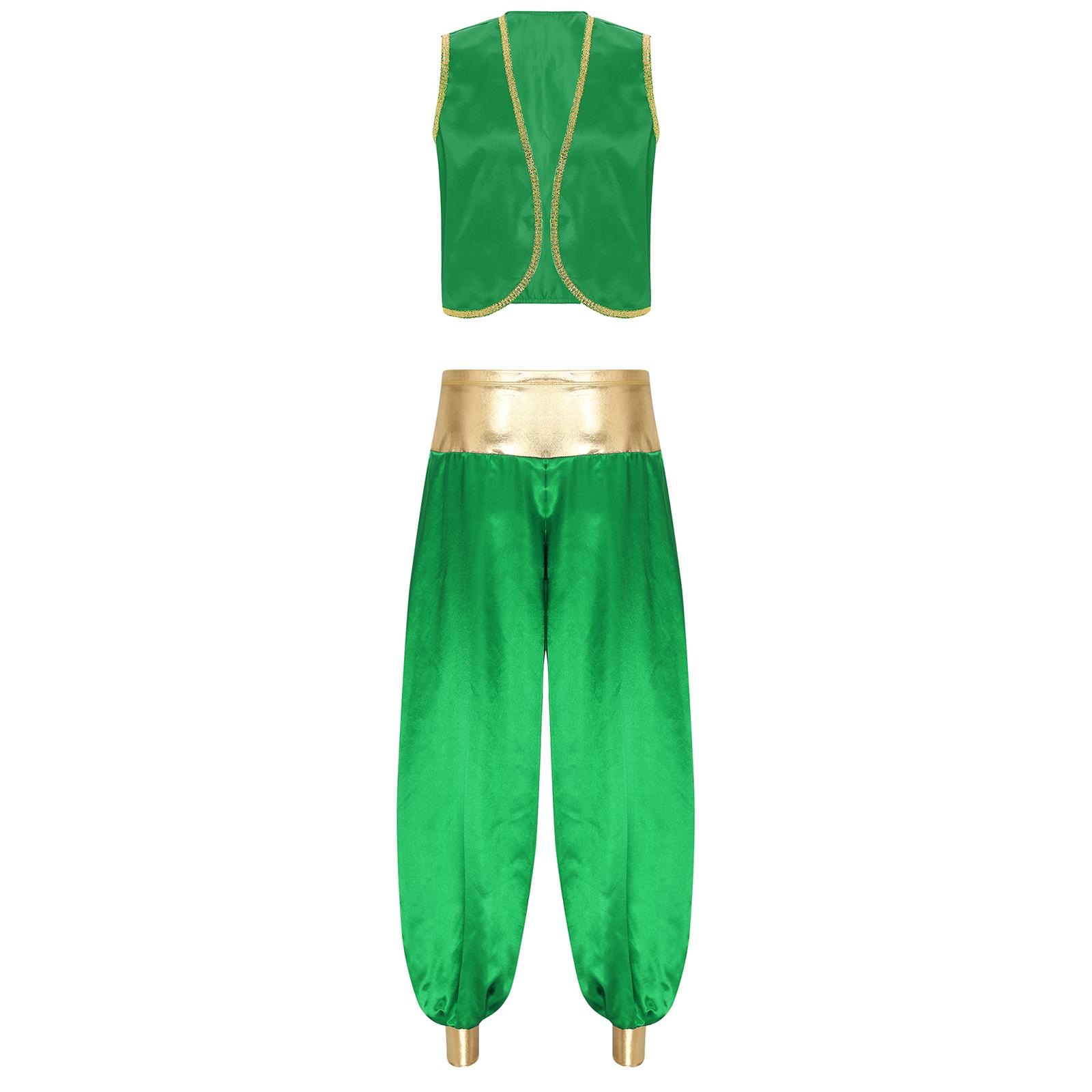 

Чоловічий костюм арабського принца, блискучий золотий жилет з обробкою та латані штани-ліхтарі для косплею, тематичної вечірки на Гелловін, вигнутий жилет L зелений