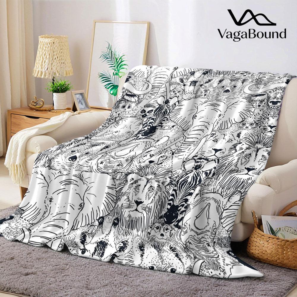 Safari Animal Line Art Flannel Blanket Warm Soft Halloween Christmas Decorative Couch Warm Cozy All-Season Gift