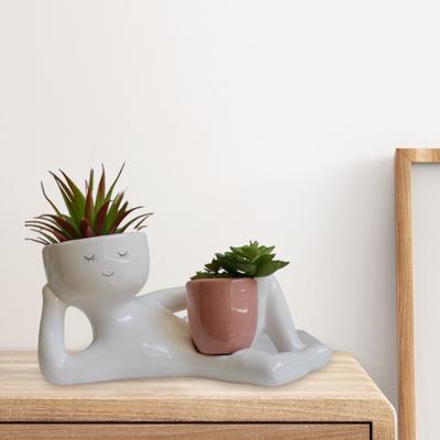 Lazy Guy Planter Resin Lying Down Figure Flower Pot with Drainage Hole Tabletop Succulent