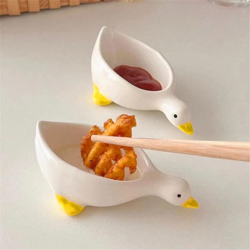 2pcs Ceramic Duck Seasoning Dish, Salad Dipping Dish, Cream Mini Bowl, Cute Cutlery