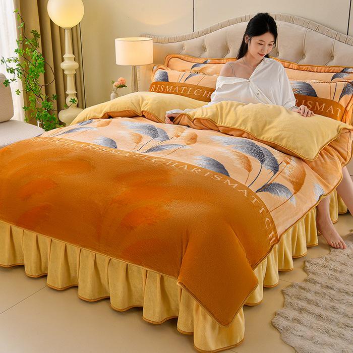 Cozy Flannel 230g Milk Velvet Printed Bed Set with Skirt - New Autumn/Winter Collection, Hot Seller