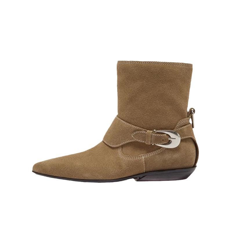 2024 Semsket Dames Slim Ankelstøvletter Moteable Slip-On Dames Elegante Flate Hæler Korte Støvletter Casual Street Style Damestøvletter