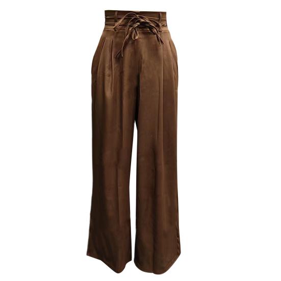 

Women Pants High Waist Lace-up Casual Wide Leg Trousers with Pockets Pure Color Design Loose Fit Long Pants Daily Wear XL темно-коричневого кольору