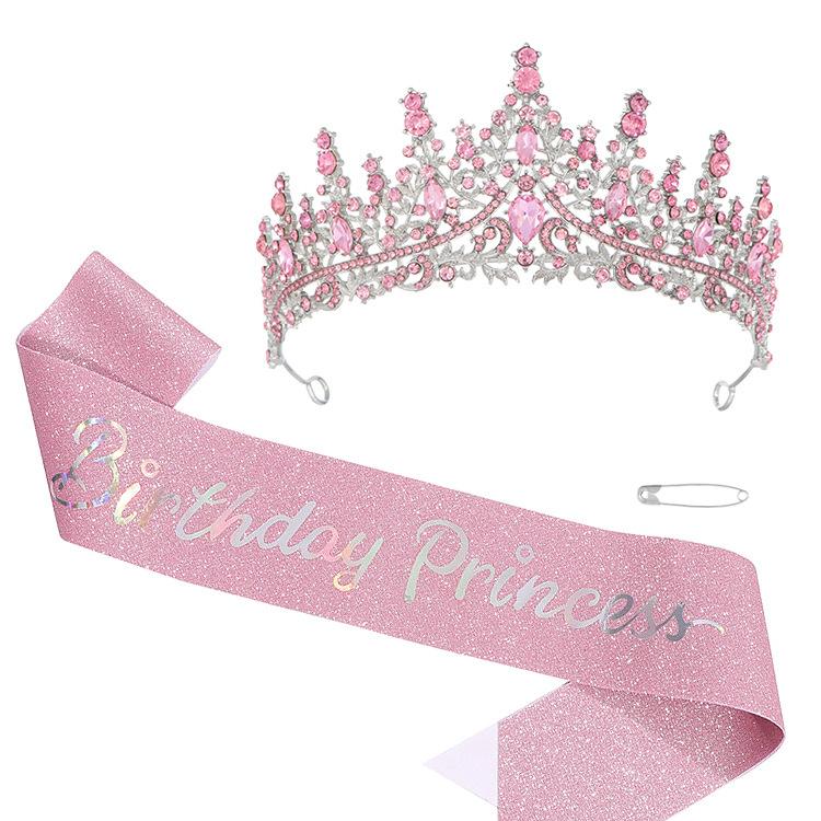 Birthday Queen Pink Crown Strap Set Birthday Queen Crystal Rhinestone Crown Party Accessories