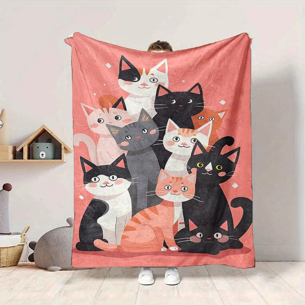 1pc Cat Family Lightweight Flannel Blanket, Comfortable and Warm Blanket, for Office and Camping Sofa Bed, Livingroom025