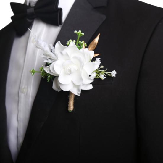 Men Simulated Rose Corsage Lightweight Compact Size Brooch Forest Style Suit Decoration with Green Leaves Vine Elements Prom Floral Accessory