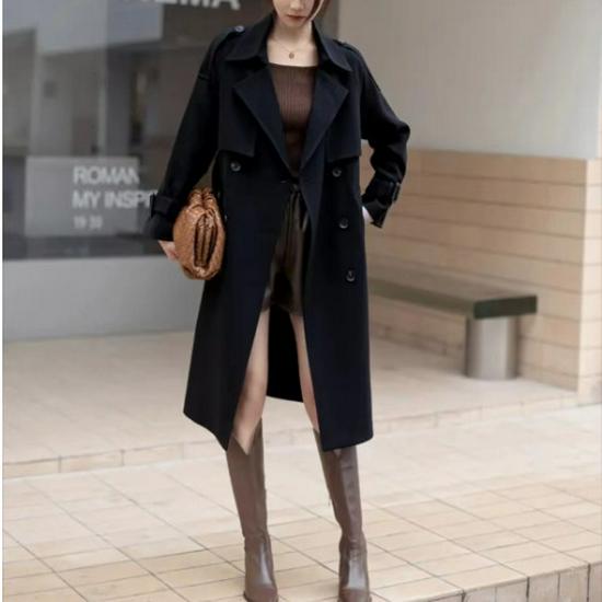 Women's 2025 Spring/Autumn French Trench Coat: British Style, Double-Breasted, Over-the-Knee, Mid-Length, Loose Fit