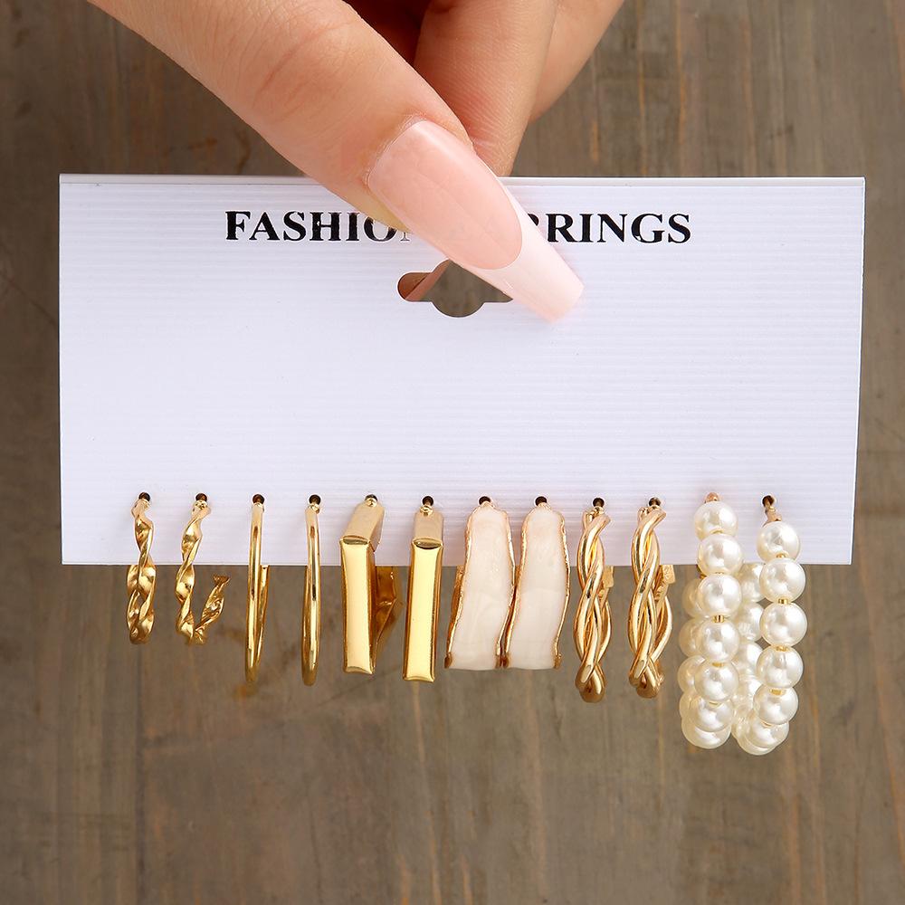 New Gold Color Big Circle Hoop Earring Set for Women Fashion Bohemia Vintage Pearl Earring Heart Zircon Ear Studs Jewelry Gifts