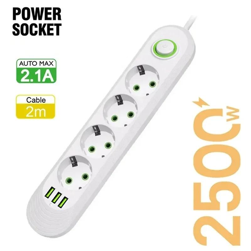 EU Plug Power Strip with 3 USB Ports 2M Cable Extension Cord Socket Network Filter Round Pin AC Outlet Electrical Charge Adapter