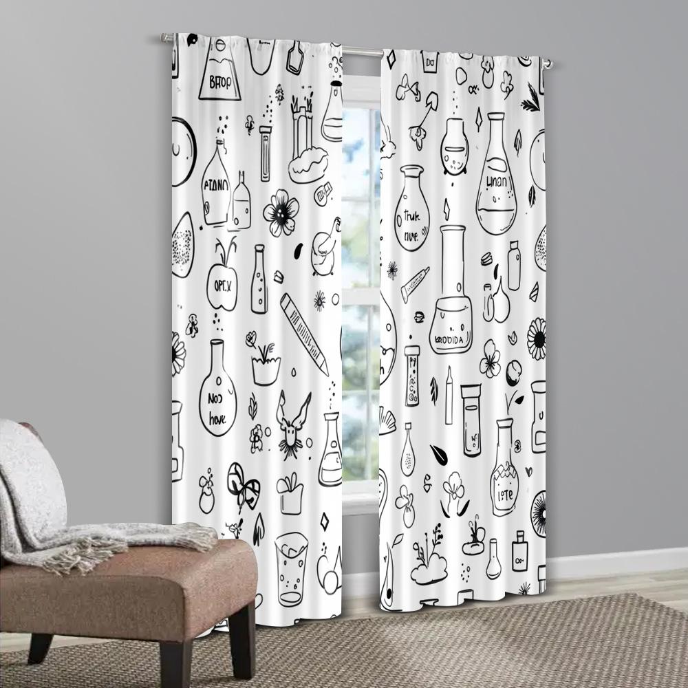 2Pcs, Contemporary Curtains Black And White Floral Pattern Machine Washable (Without Rod) Thermal Insulation, And Room Darkening