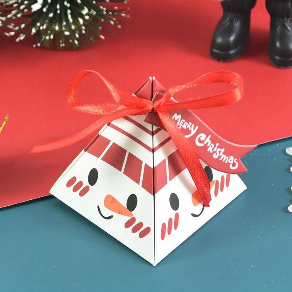 10 Pcs Cartoon Santa Paper Boxes Pyramid Triangle Ribbon Sweet Candy Paper Chocolate Packaging Box For Xmas New Year Party