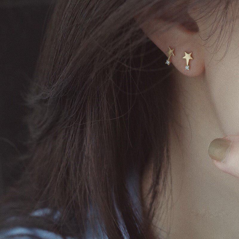 925 Sterling Silver Star Zircon Stud Earrings Women 14K Gold-Plated Fashion All-Match Student Jewelry