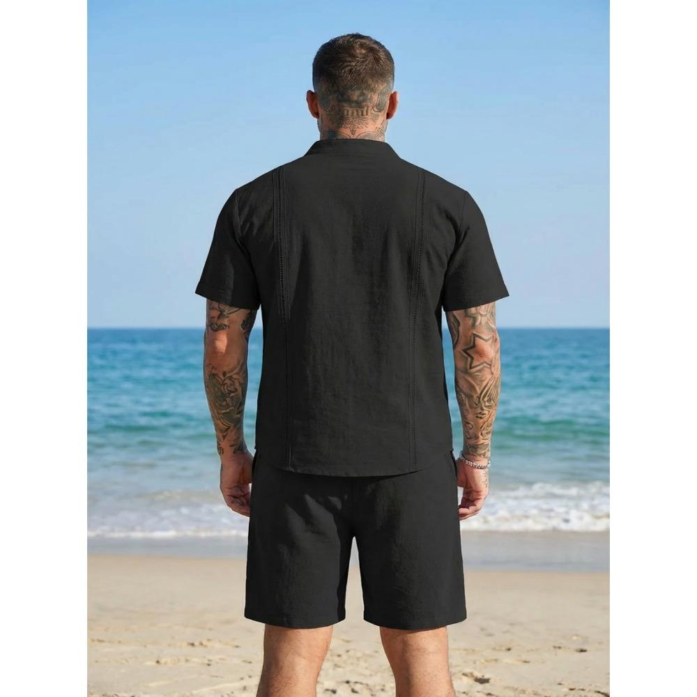 New Men’s Plain-coloured Vintage-style Casual Linen Short-sleeved Shirt and Shorts Set