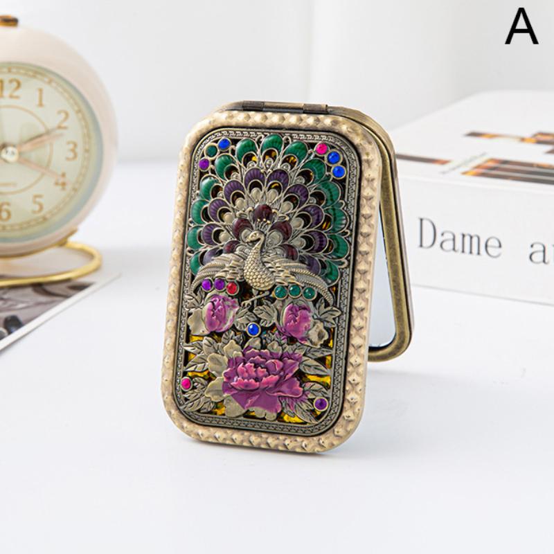 Foldable Retro Handheld Makeup Mirror Peacock Printed Compact Pocket Mirror Double Sided Rectangular Makeup Dressing Mirror