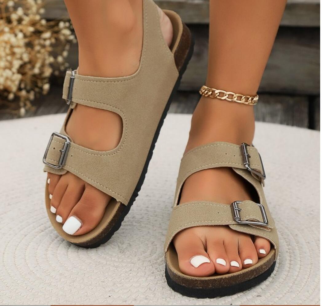 

Модные классические ретро пляжные женские сандалии на низком каблуке плоские римские сандалии 2024 новые летние женские сандалии больших размеров с двойной пряжкой 35-43 35 абрикосовый