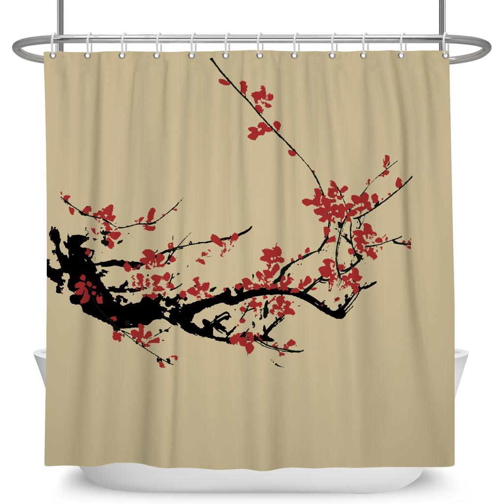 Chinese Style Plum Blossom Shower Curtain with Hooks Waterproof Polyester Bathroom Curtain Ink Painting for Home Decor 180x180cm