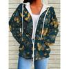 Ladies' Dark Green Gold Butterfly Print Zipper Hoodie, Fashionable and Loose Casual Streetwear
