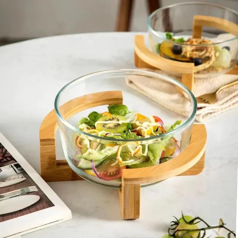 Elegancki Szklany Zestaw Mis na Sałatę z Drewnianą Podstawą Lekki Luksusowy Kosz na Owoce do Domu Restauracji Stylowa Szklana Taca na Przekąski