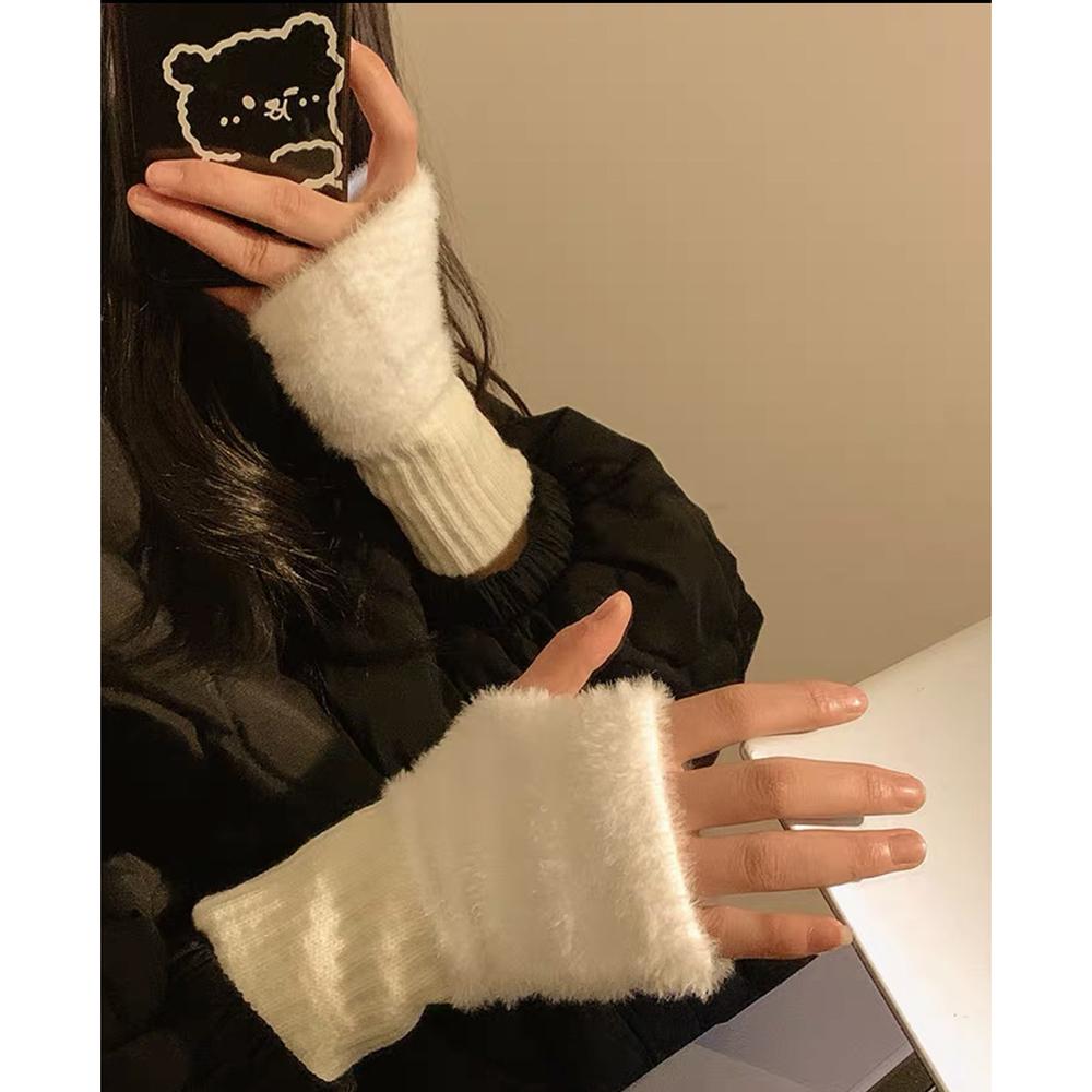 Soft Winter Half Finger Gloves Women Warm Luxury Solid White Plush Knitted Fingerless Gloves Wrist Mittens Writting