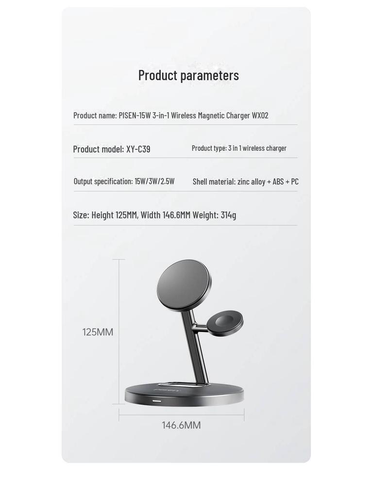 PISEN 15W MagSafe 3-in-1 Wireless Charger for Phone, Watch, and Earphones with Lazy Bracket